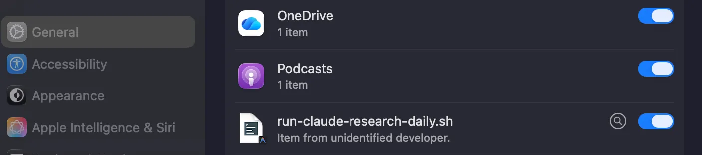 macOS Login Items showing the scheduled script with toggle ON
