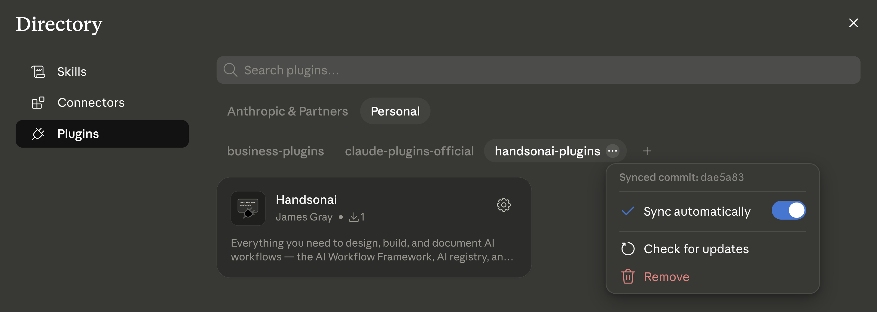 Cowork marketplace menu showing "Sync automatically", "Check for updates", and "Remove" options for the handsonai-plugins marketplace