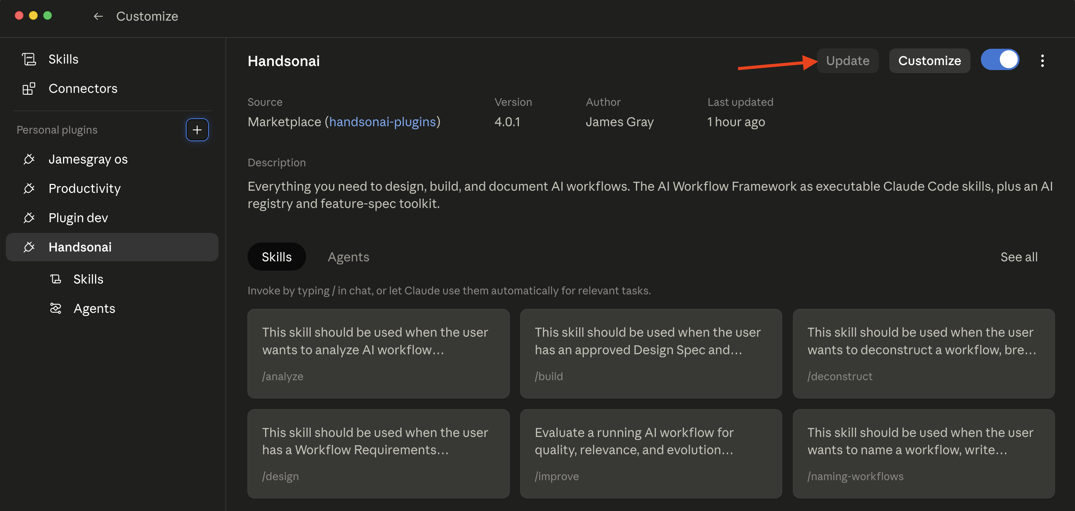 Handsonai plugin Customize panel with the Update button highlighted in the top-right